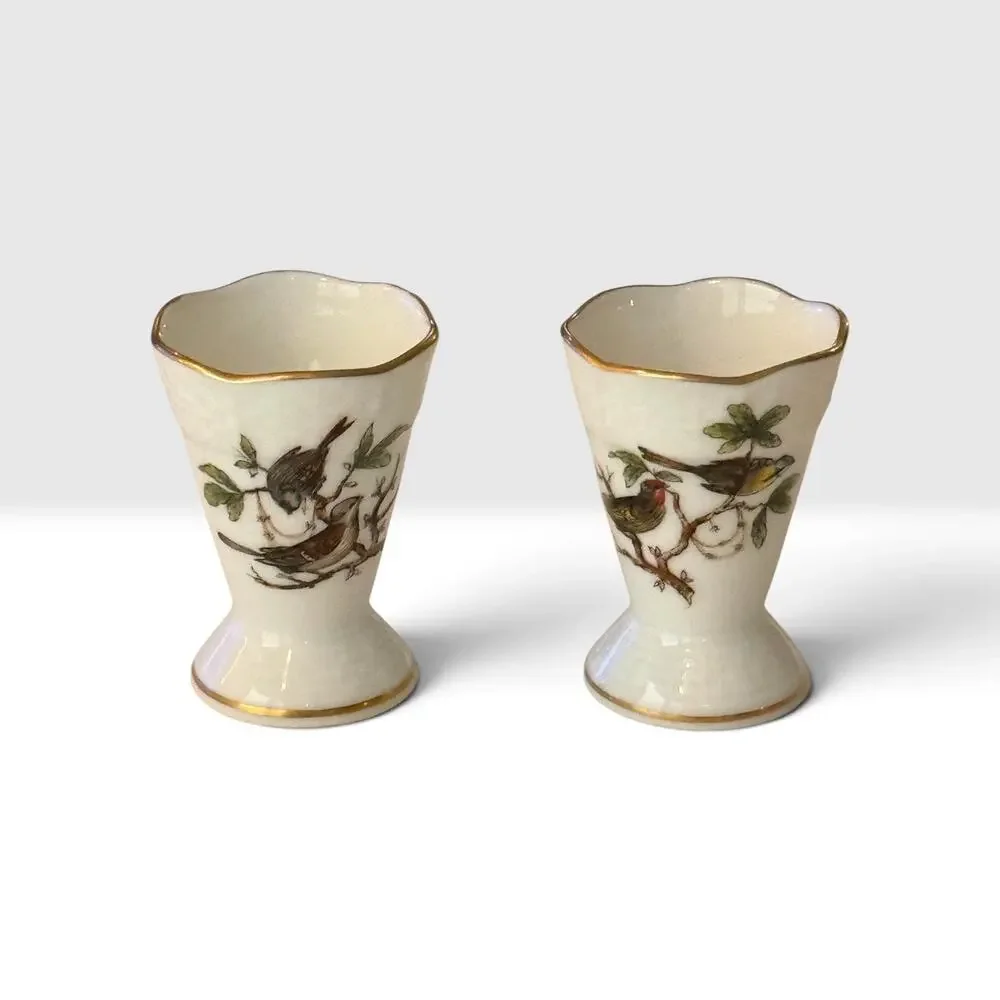 Herend Rothschild Bird Mini Vase Pair 280 RO Hand Painted Porcelain Gold Trim